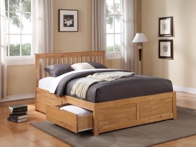 Pentre Fixed Drawer 4FT 6 Double Wooden Bed Frame - Oak