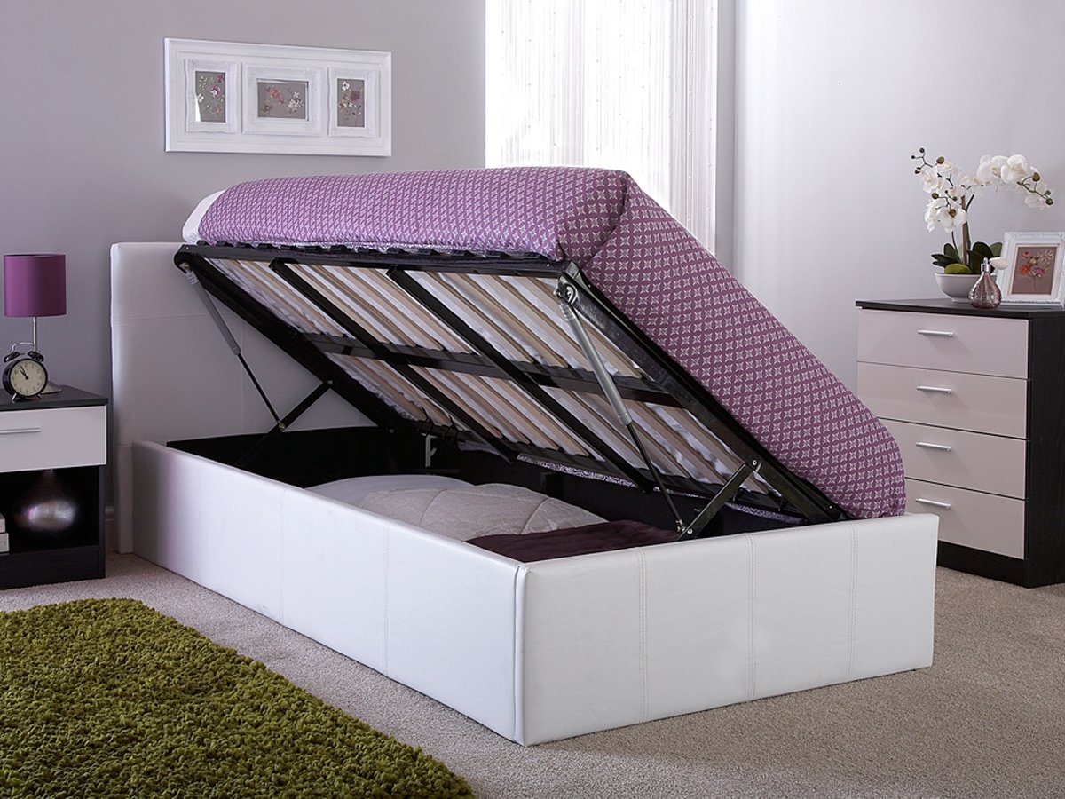 Milan Bed Company Side Lift 3FT Single Leather Ottoman Bed - White