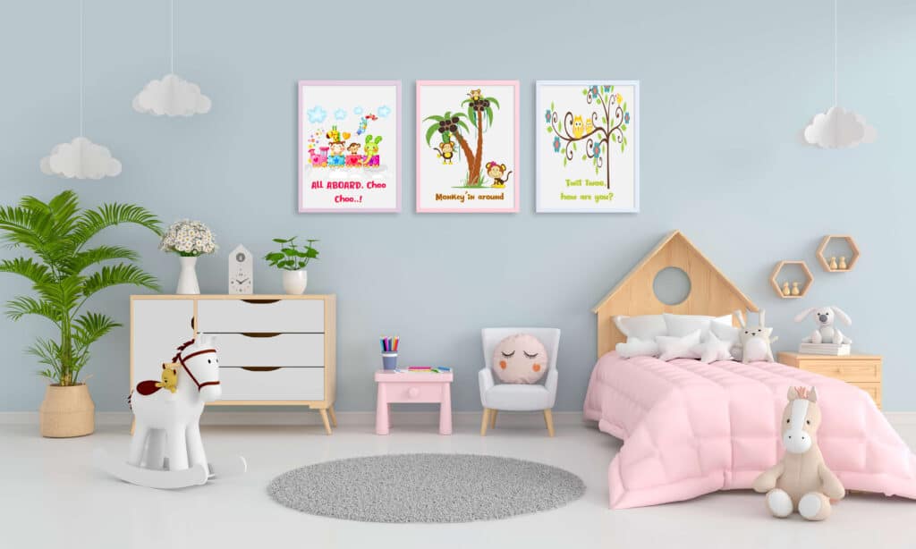 a child's room with a bed and a chair