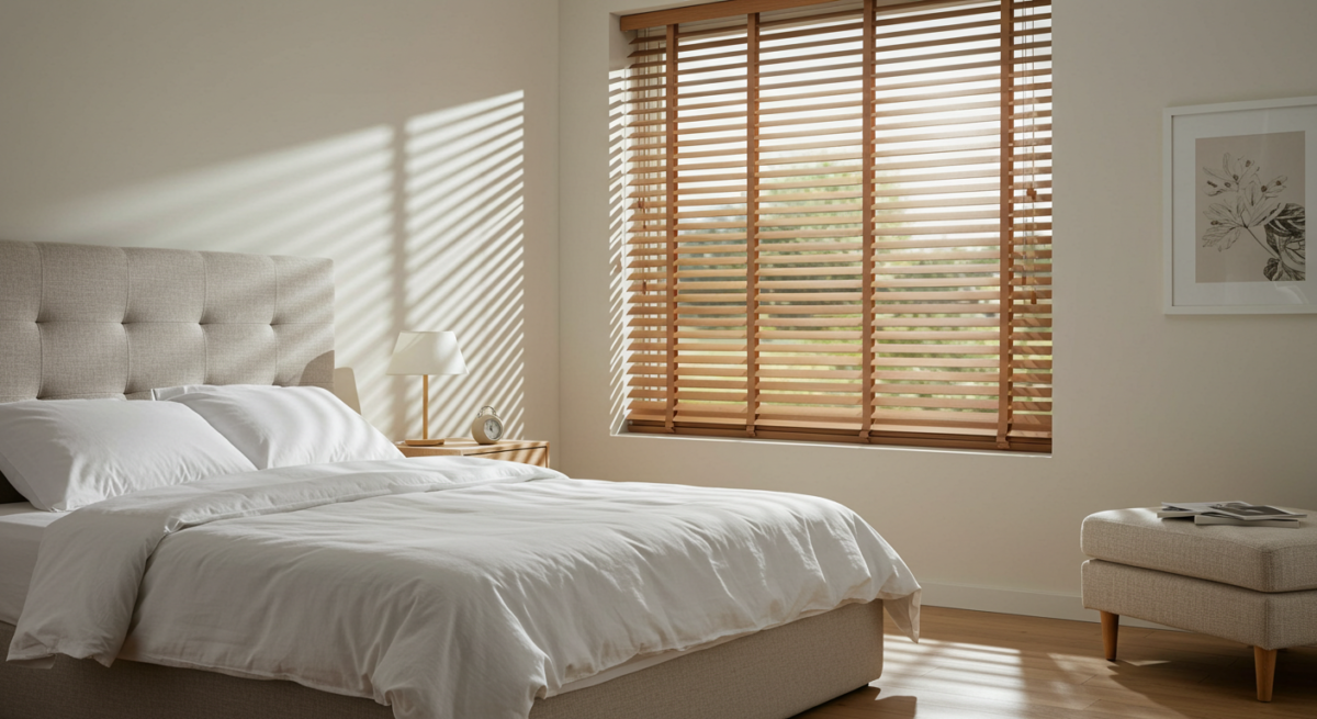 Wooden venetian window blinds bedroom, natural lighting. 