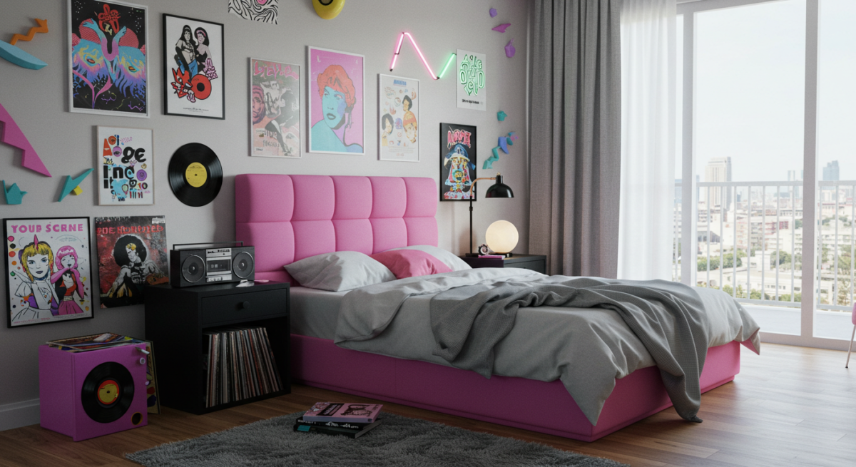 Modern 80s style bedroom. 
