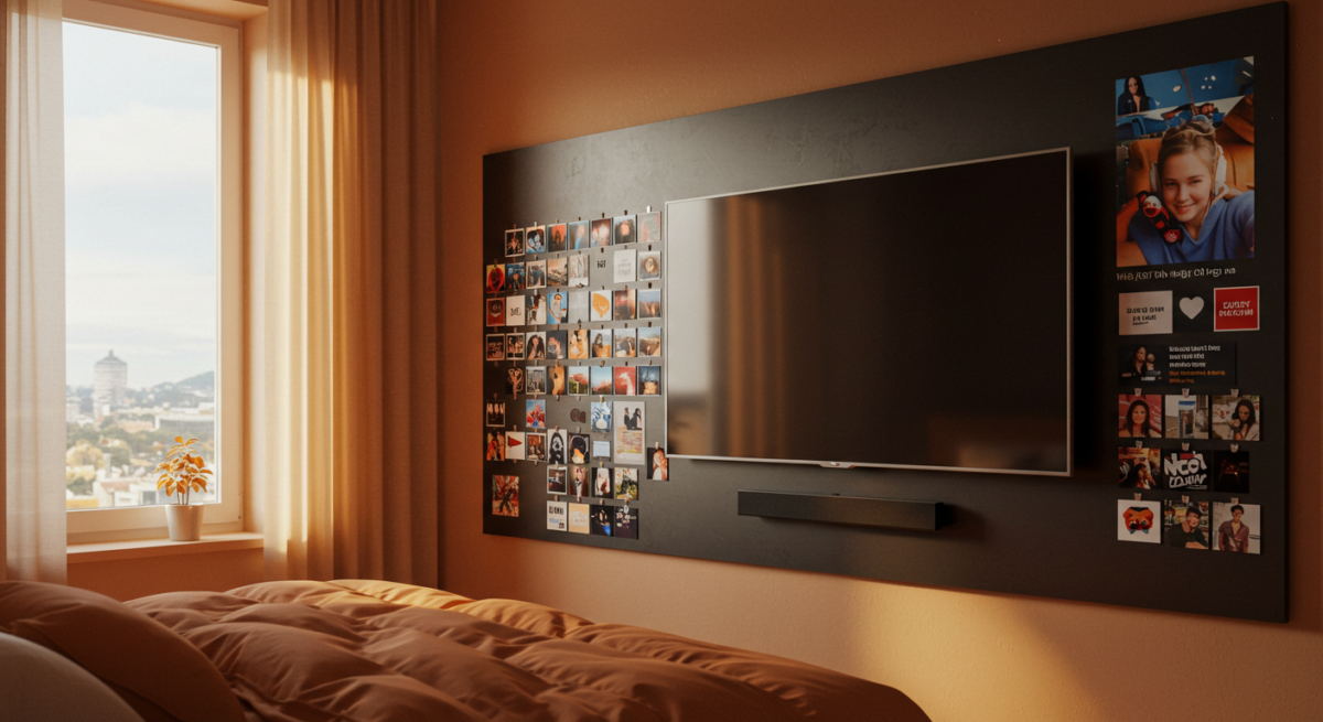 photography Instagrammable bedroom, sleek tv media wall with social media content. 