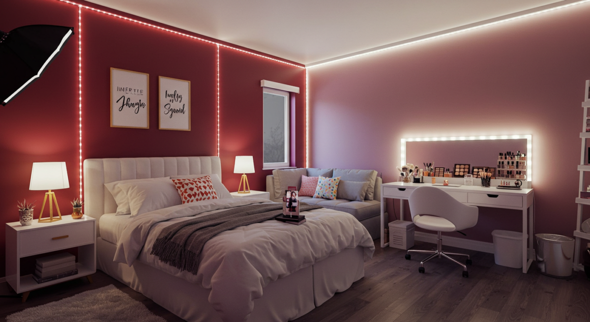 Instagrammable bedroom, social media influencer, interior design, hip, funky colours.