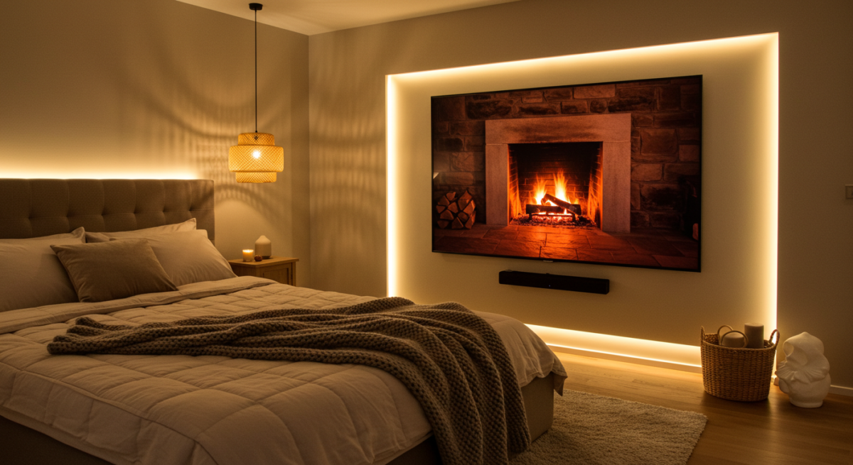 Hygge bedroom, media wall with tv displaying fireplace.