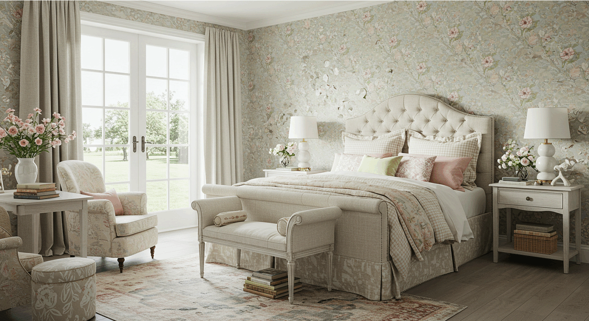 Modern Grandmillennial Style Bedroom, granny kitsch, chinoiserie lamps. 