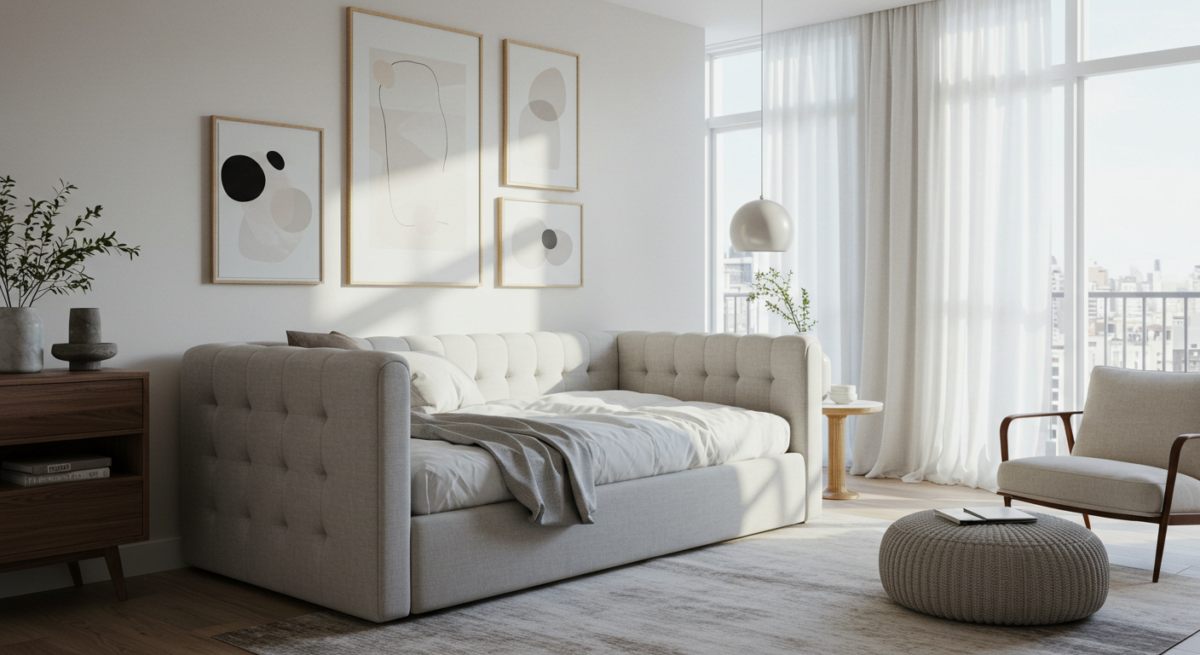 Day bed in a studio flat.