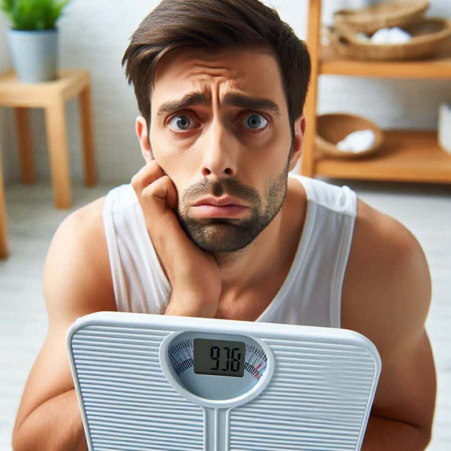 A tired looking man due to lack of sleep holding bathroom scales showing weight gain. 