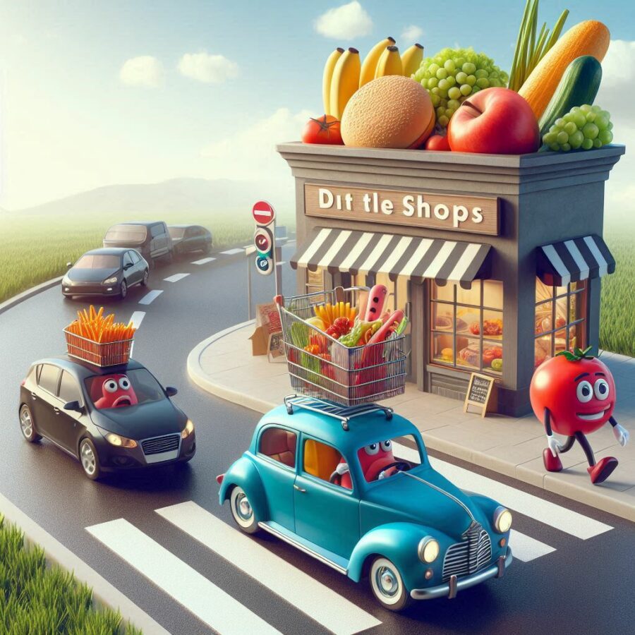 Driving to the shops instead of walking, concept art showing shopping trolleys on car roofs and vegetables walking appearing happy and fit.