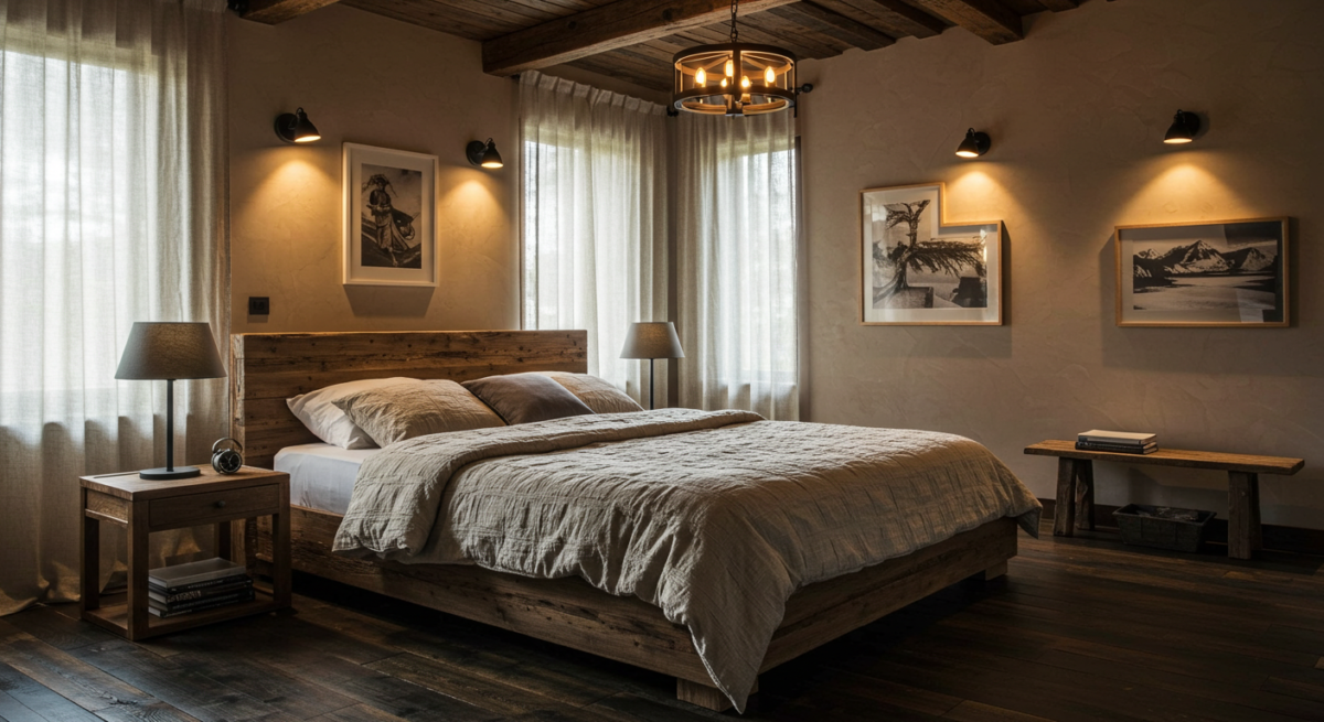 Rustic modern  bedroom atmosphere, dimmable lighting with wall sconces, table lamps, strategic accent lighting.