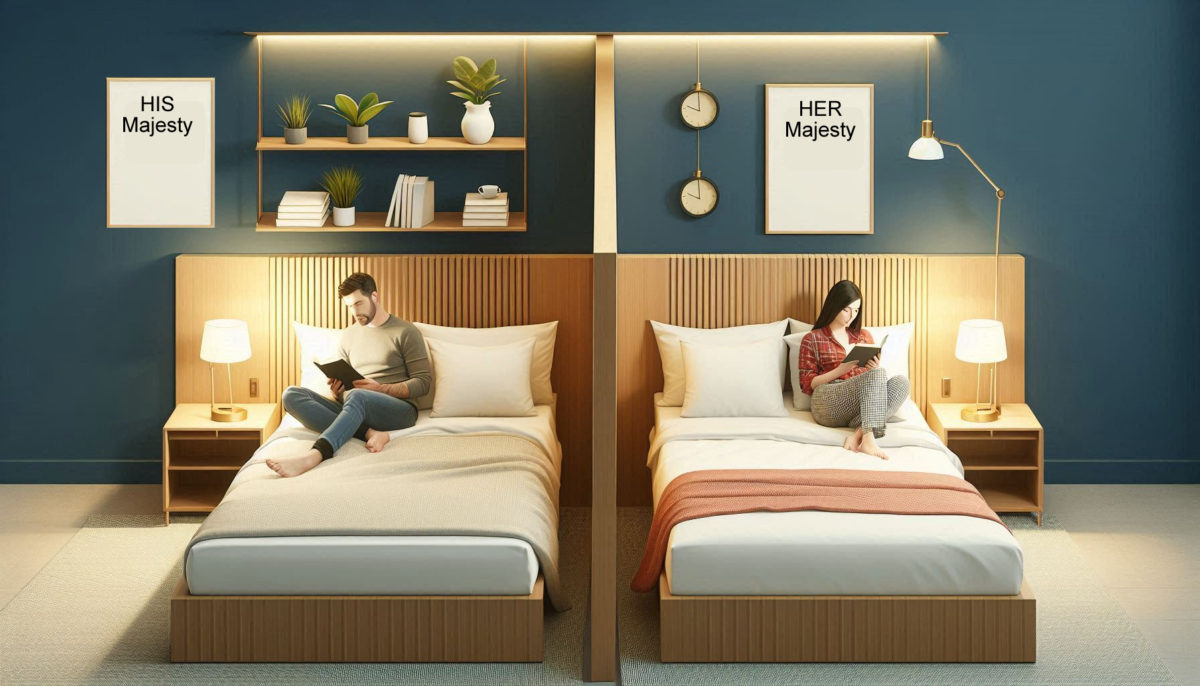 Visual representation of two couples sleeping in seperate beds.