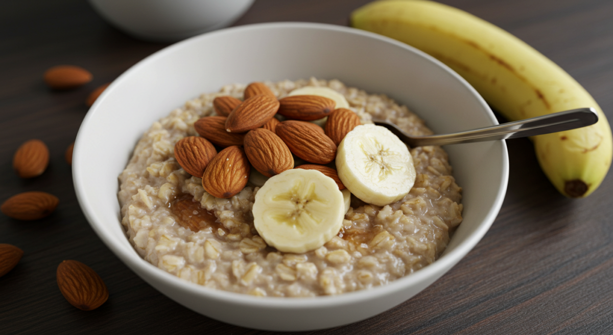 Bowl of oatmeal topped with almonds and banana. Foods, Natural Energy Boosters.