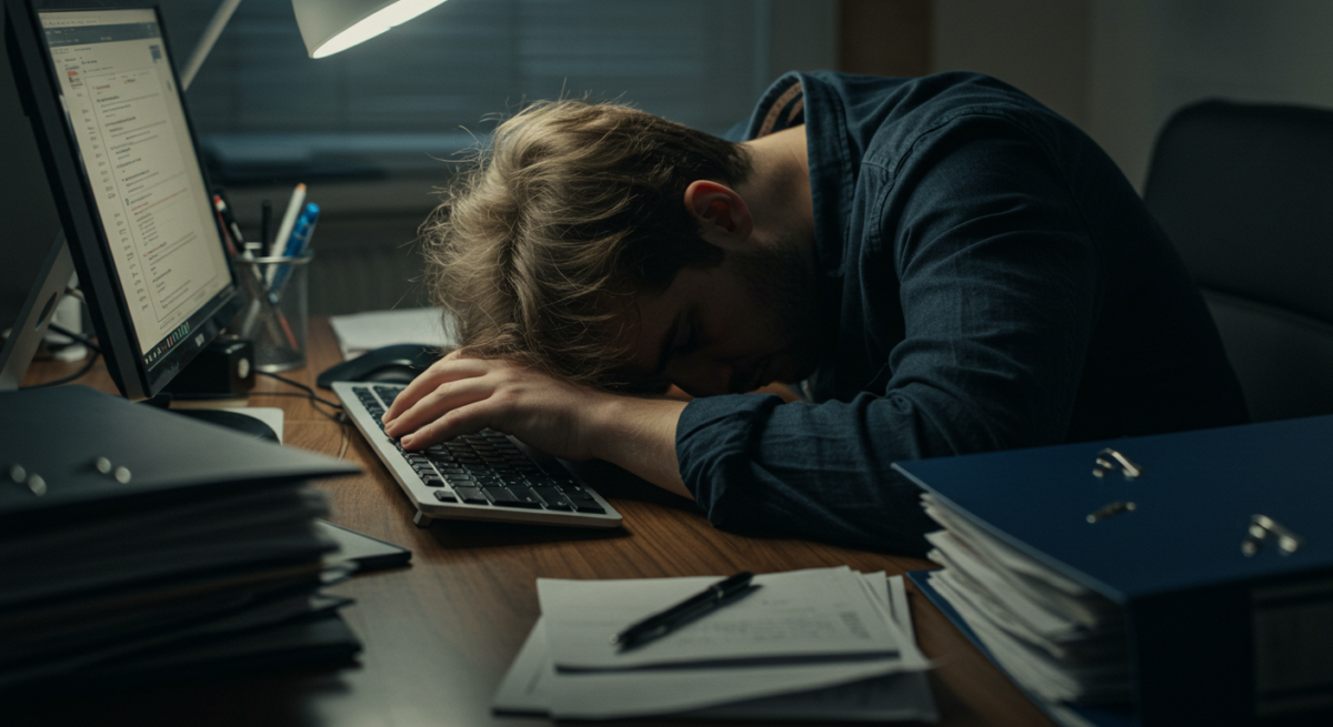 Sleep deprivation, person asleep at work. 
