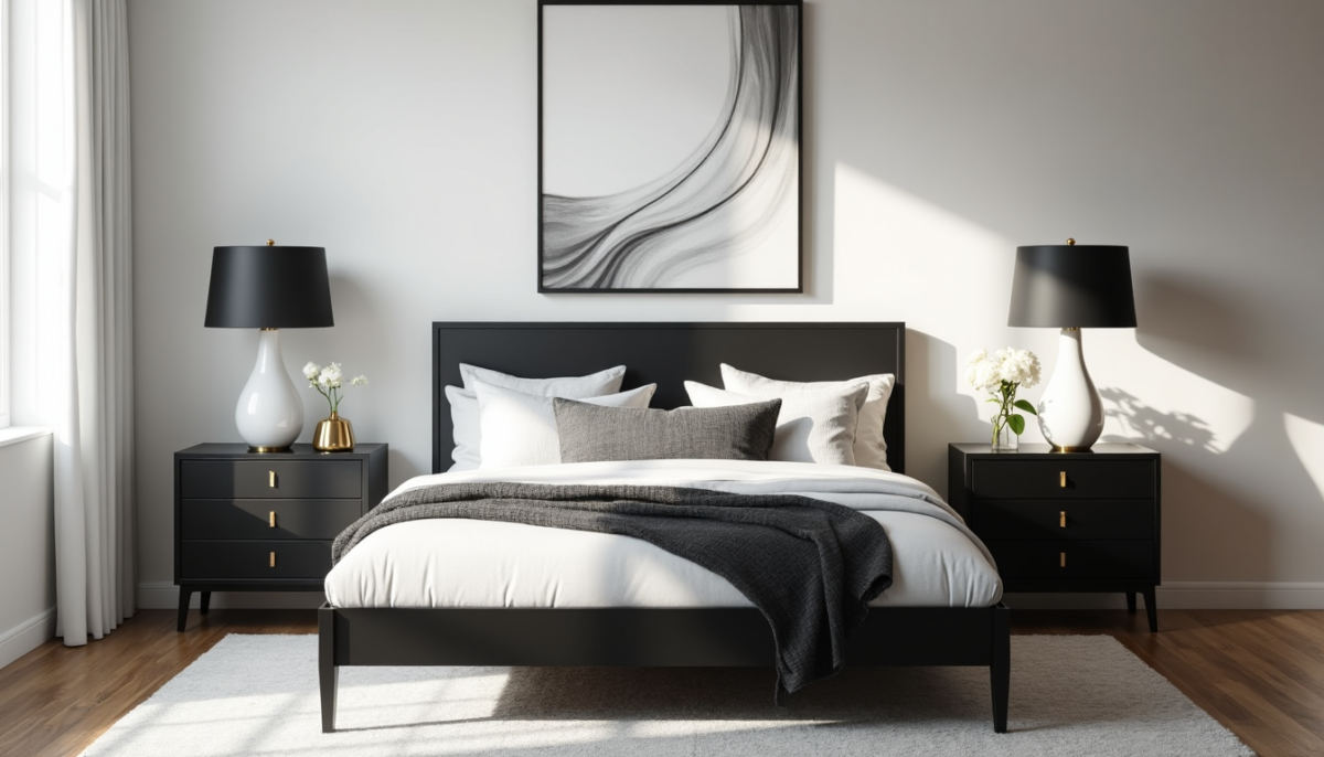 Black bed frame, monochrome bedroom decor.
