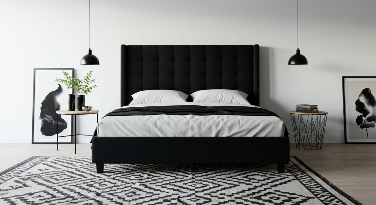 Monochrome Bedroom Decor, King size bed frame. pendant style ceiling lights. 