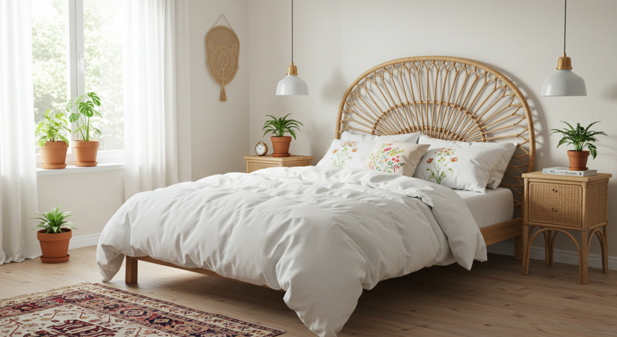 Airy bedroom where a natural rattan bed frame with an intricate headboard takes centre stage, adorned with white linens and floral accents