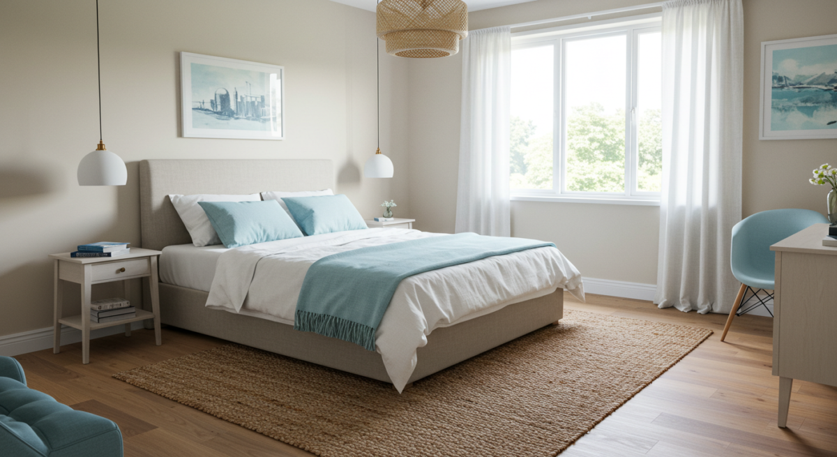 Modern neutral bedroom decor,grey divan bed, powder blue accents, jute rug.