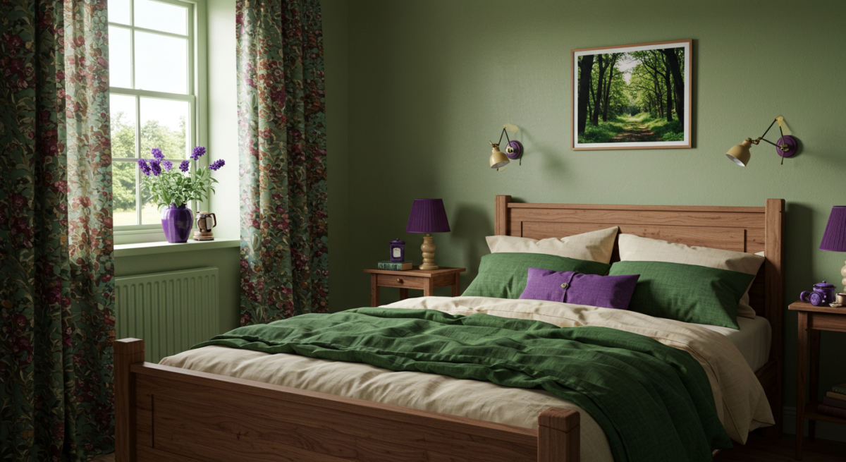 Cottagecore bedroom decor, forest green, royal purple, wooden bed frame.