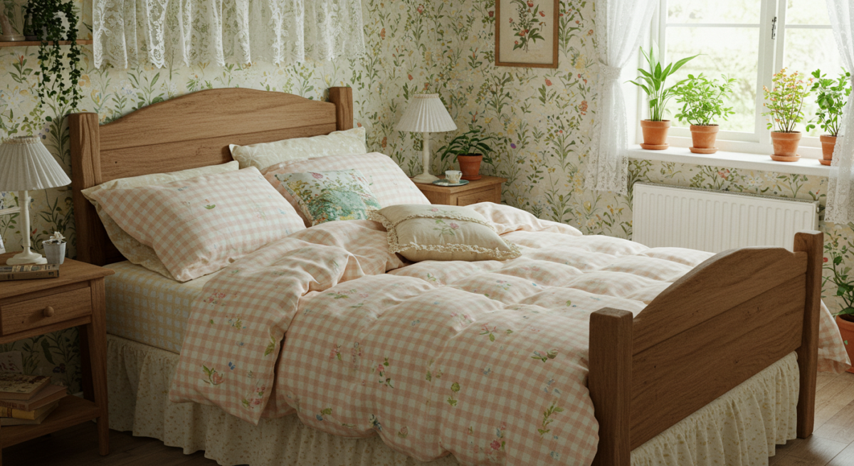 Cottagecore bedroom decor, wooden bed frame, gingham bedding, botanical floral wall paper.