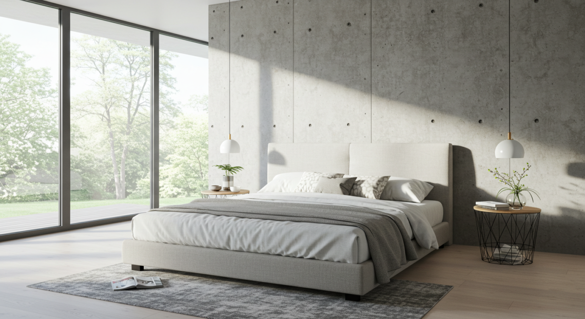 Modern bedroom decor, light and airy, concrete effect feature wall, bed with large headboard.