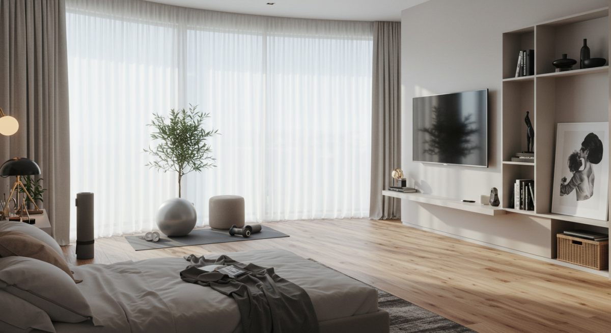 Modern bedroom decor, light and airy, zoned excercise area with yoga mat, wall mounted tv.