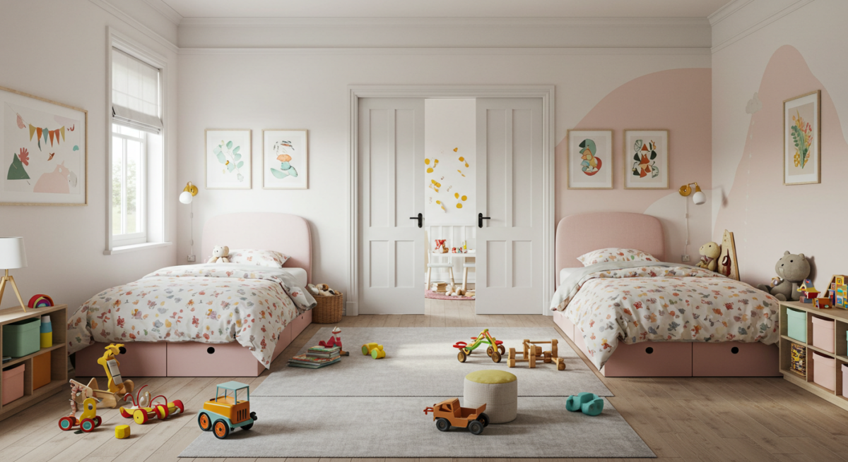 Modern childrens twin bedroom , light and airy, dutch doors.