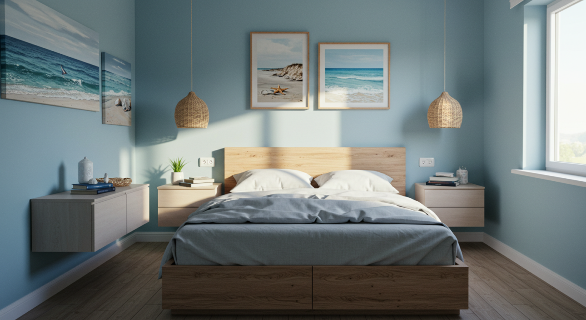 Small bedroom decor, coastal inspired blue, white linen bedding, beach inspired artwork, wooden bed, floating bedside cabinets