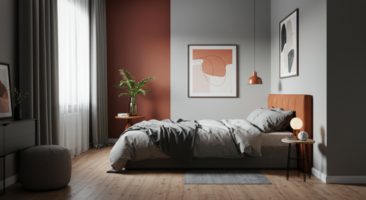 Small modern bedroom decor, red feature wall, grey decor, timber wooden flooring, modern artwork, green plant.