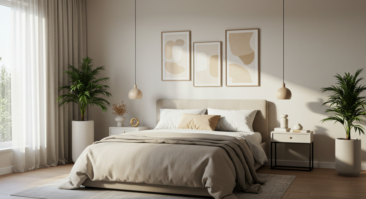 Modern neutral bedroom decor, bieges walls, contrasting abstract art prints, indoor plants for pops of colour.