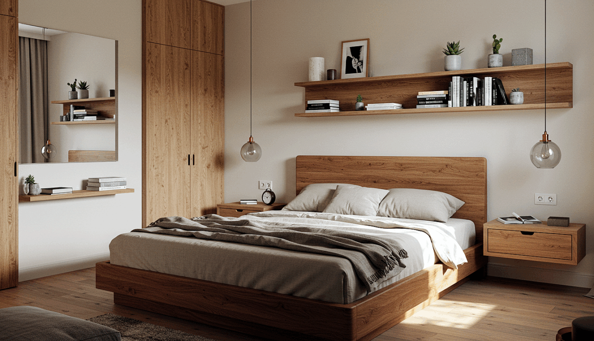 Mens bedroom decor, wooden bed, natural colour scheme, large mirror reflecting natural light.