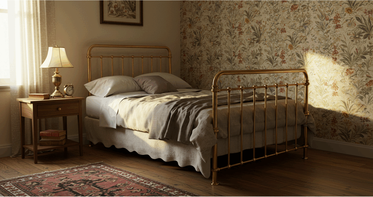 Vintage bedroom, with a metal bed frame