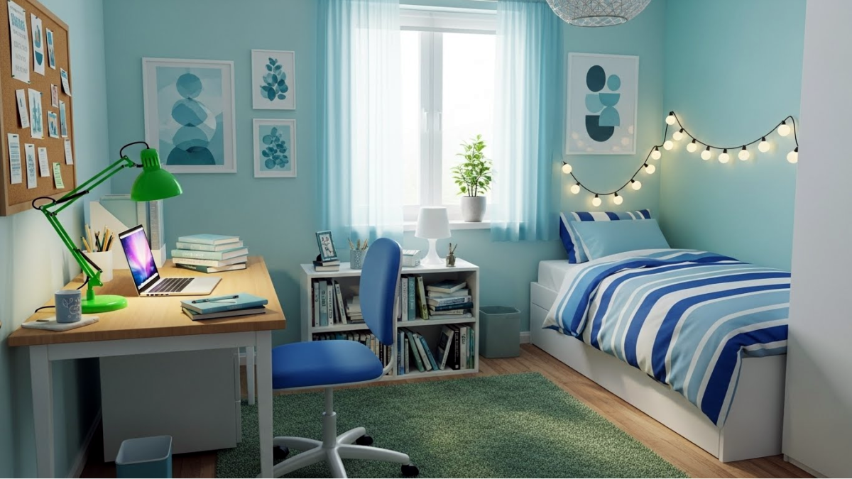 Small student bedroom ideas, with study area, cool decor, light blues and green.