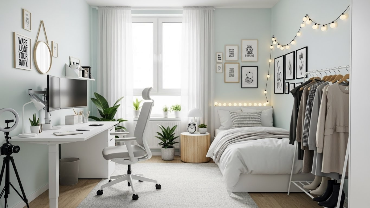 Small student bedroom ideas, with study area, modern light and airy, social influencer