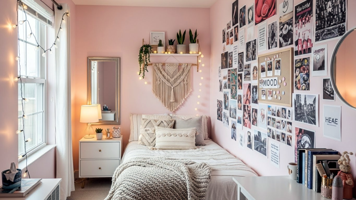 Small student bedroom ideas, with study area, social influencer