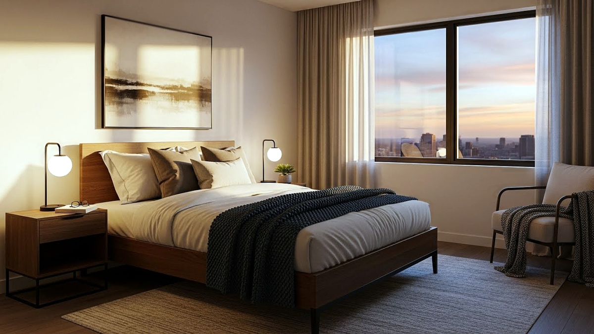 Modern bedroom design, bedside lighting. natural lighting. 