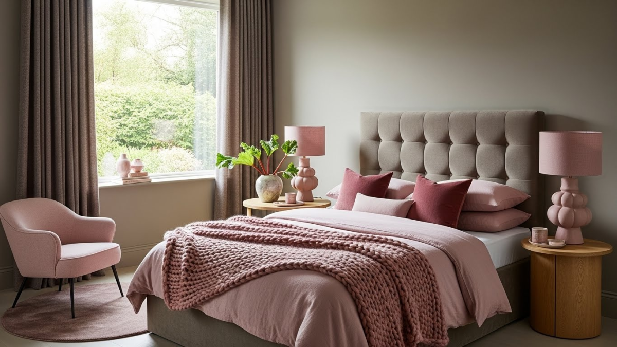 Modern Taupe Bedroom, rhubarb and pink. 