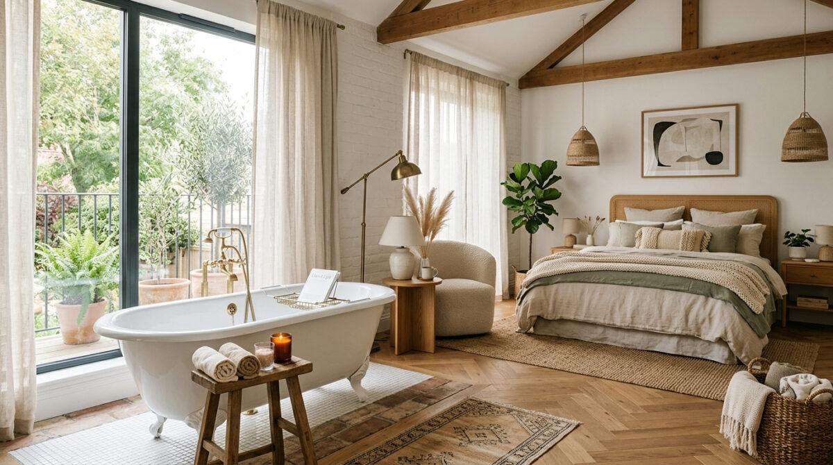 Chic bedroom with freestanding bath.