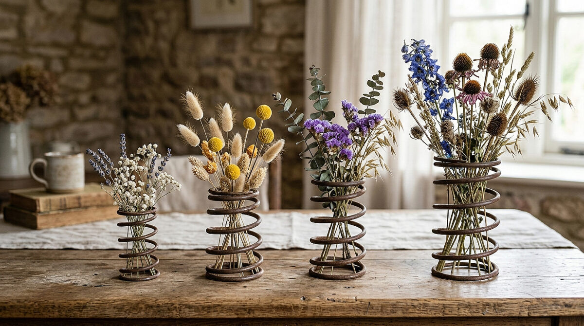 Old bed springs used as vases with dried flowers.