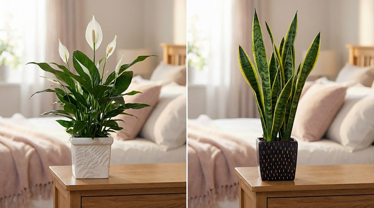 Snake plant and Peace lilly in a bedroom.