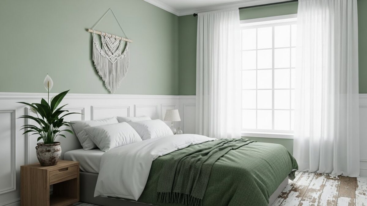 Green and white bedroom decor.   