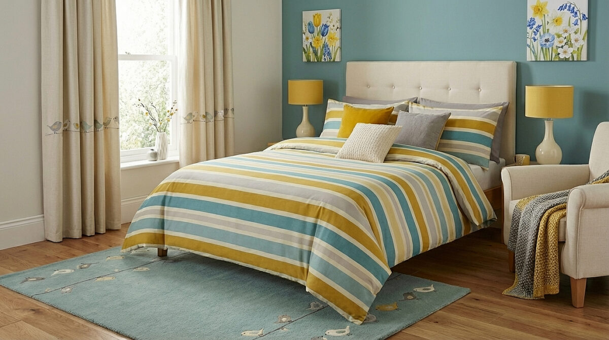 Bright striped bedding in a cosy room. Spring bedroom decor. 