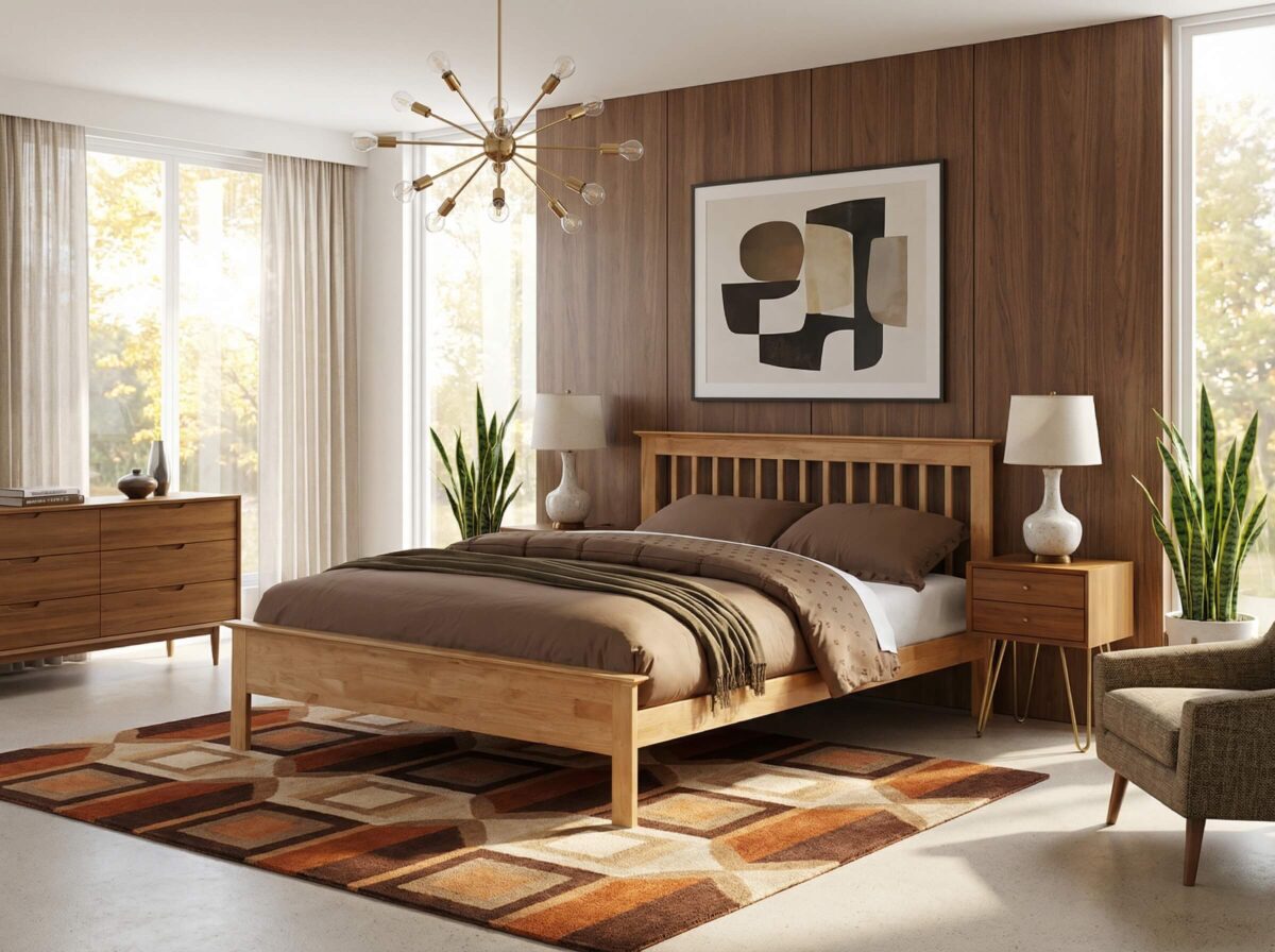 Pentre bed frame, mid century modern room decor set.