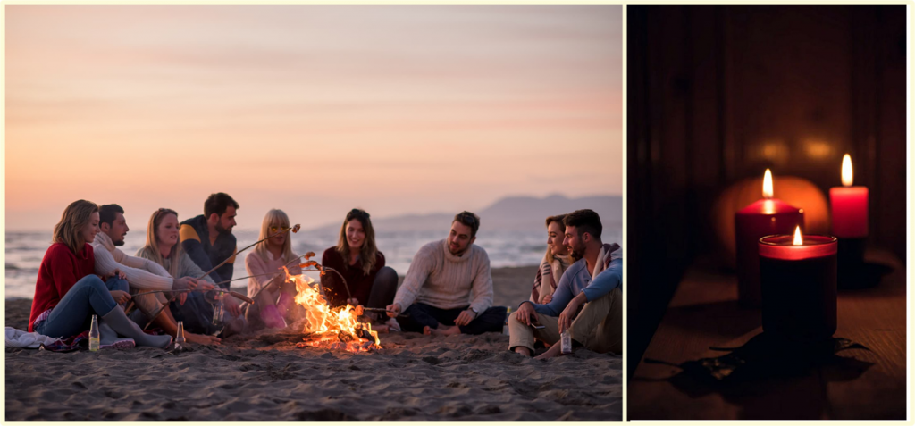 Create Hygge Bedroom with scented candles, picture of candle and bonfire on the beach.